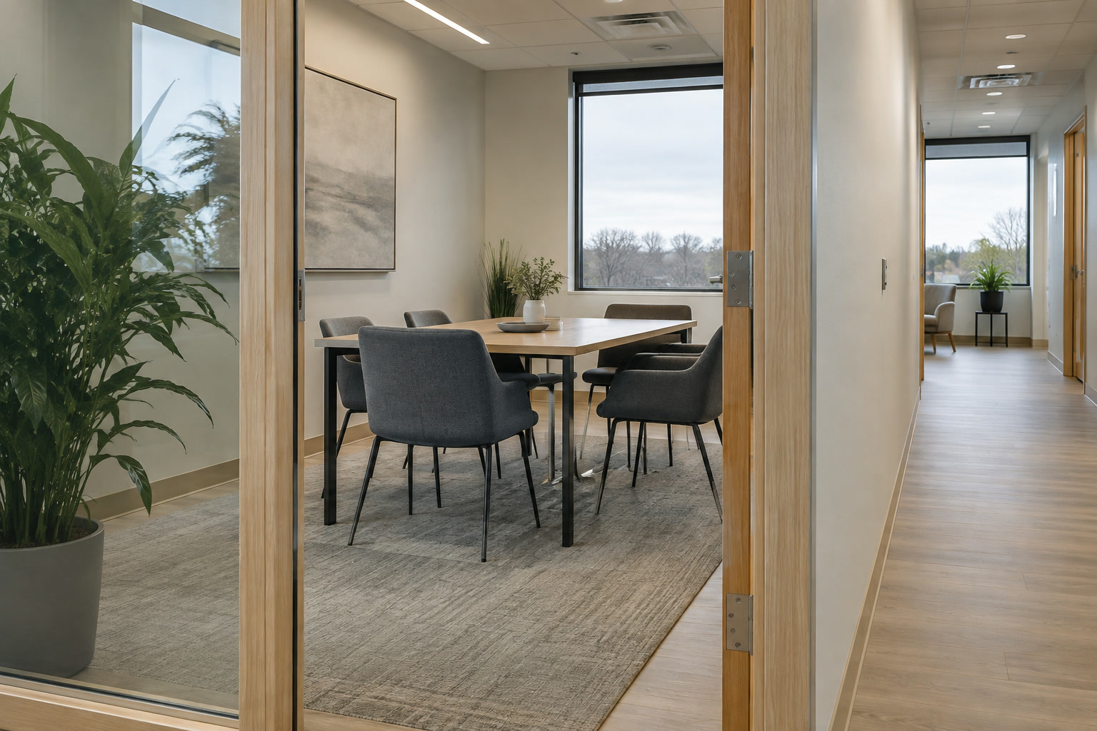 Office meeting room and corridor, ready for a building walkthrough.