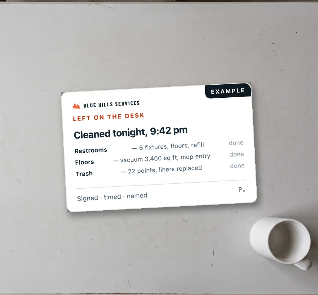 Example Blue Hills visit card, marked EXAMPLE, showing completed tasks, time and signature.