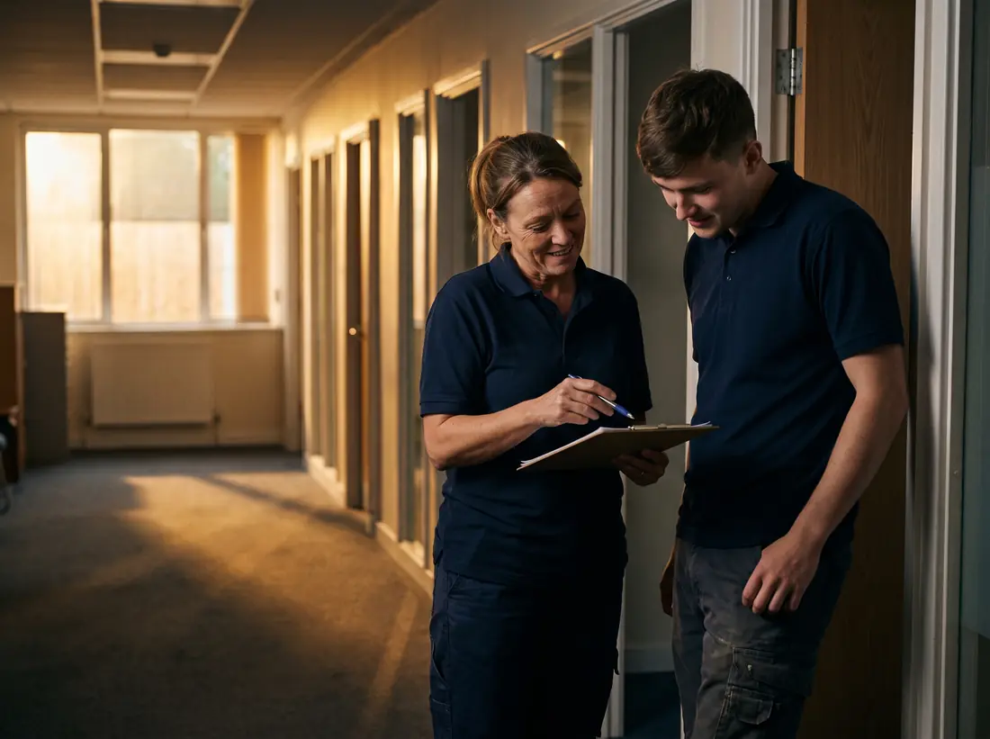 An experienced cleaner showing a newer colleague something on a clipboard.