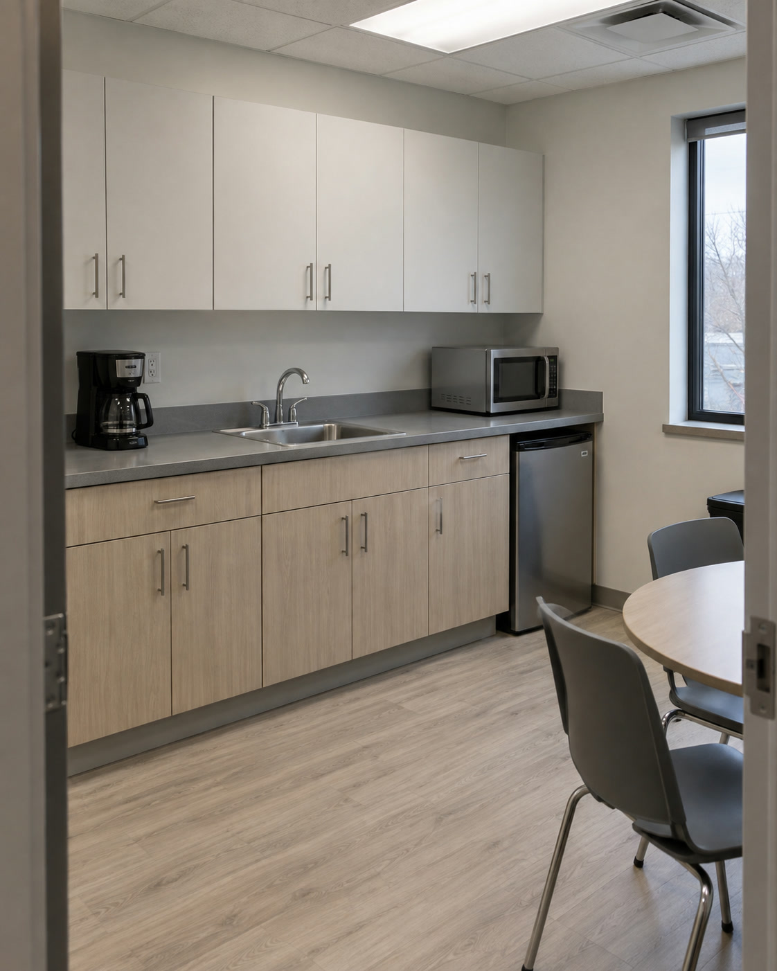 Office break room with clear counters.