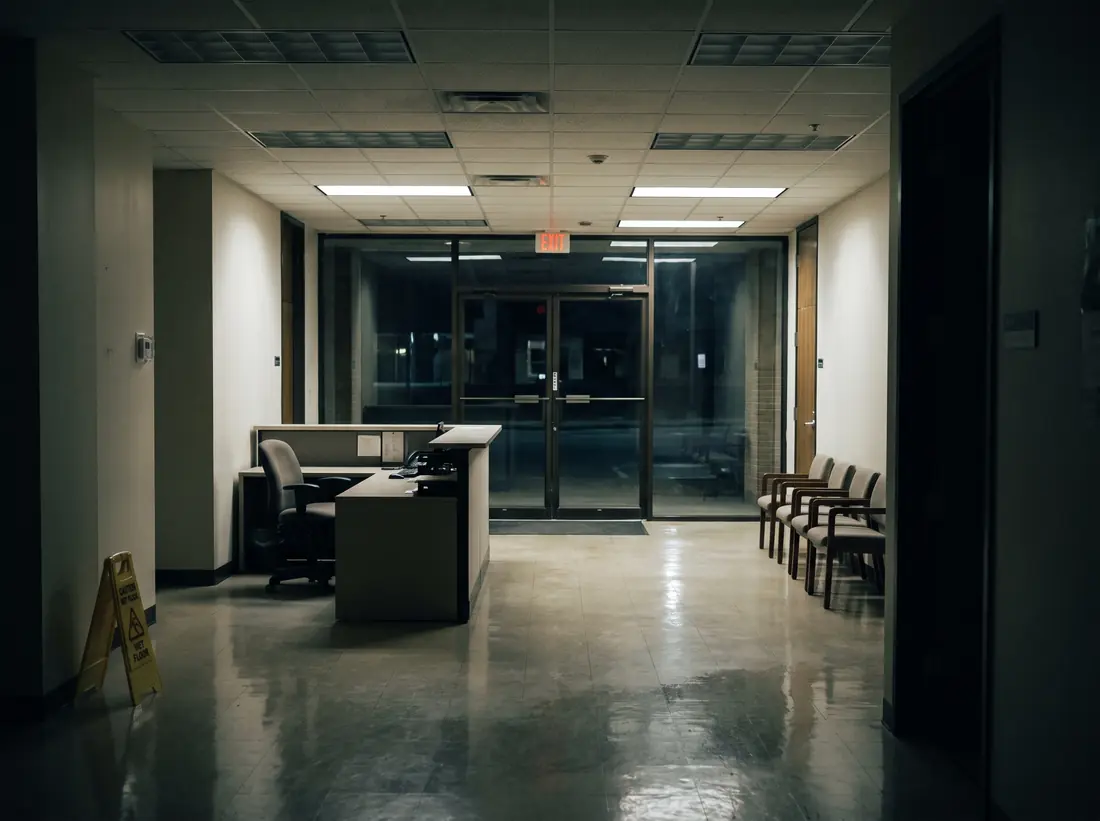 An empty office reception at night, floor freshly mopped.